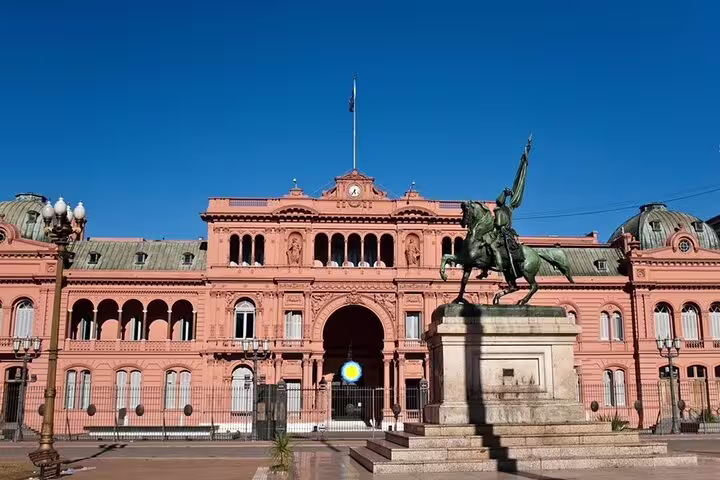 Casa Rosada and equestrian statue in Plaza de Mayo on a Buenos Aires full day city sightseeing tour