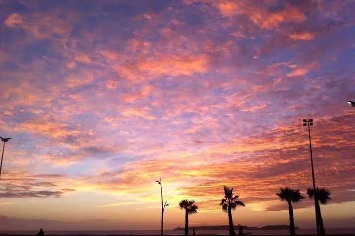 Atlantic coast sunset in Casablanca with palm-lined promenade, scenic stop on a private Casablanca day trip