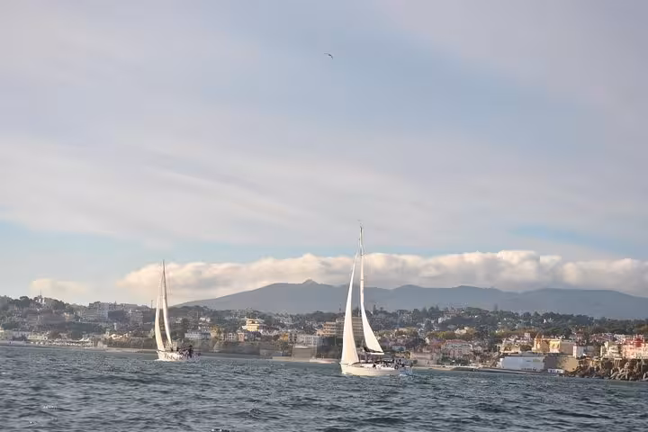 Sailboats gliding off Cascais coastline on a private 2h sailing cruise with drinks on the Atlantic Ocean