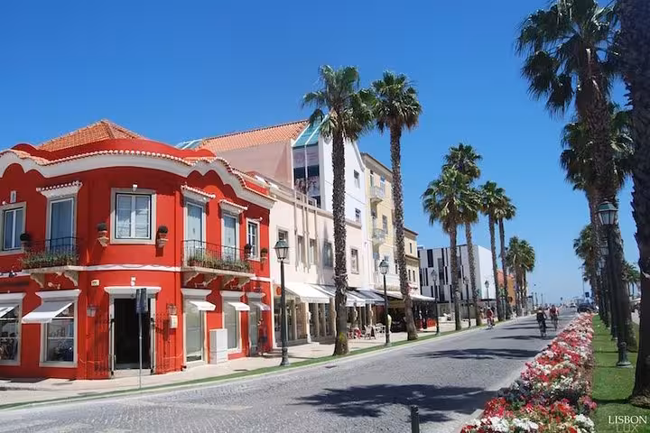 Charming street in Cascais lined with palm trees, colorful buildings, and vibrant flowers under a clear blue sky.