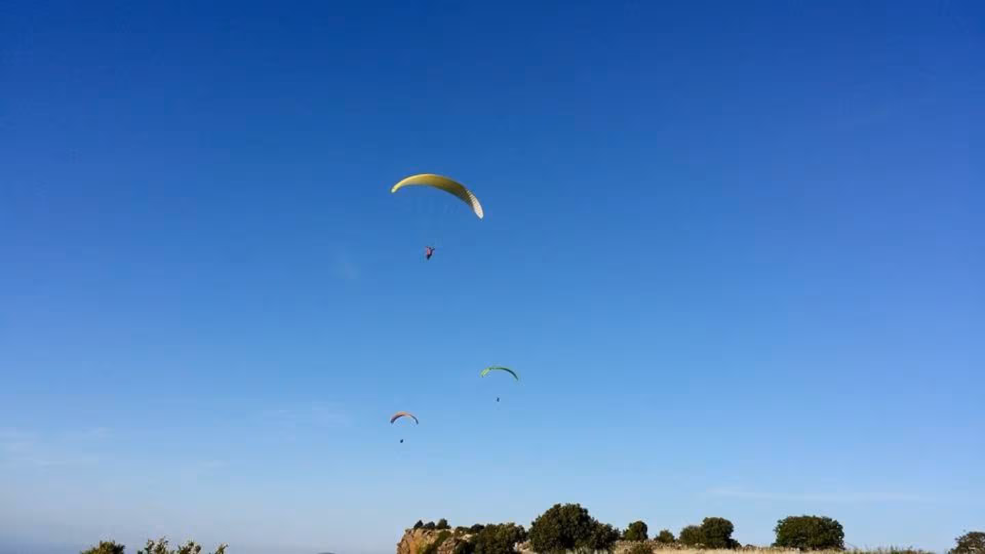 Soar through the clear blue skies of Littigheddu with vibrant paragliders gliding above Castelsardo's scenic landscape.