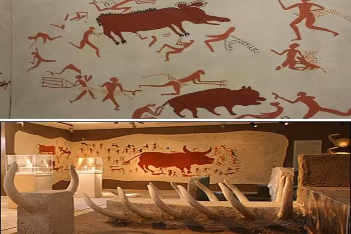 Çatalhöyük museum mural of Neolithic hunting scene and bull figures, included on private Konya day tour with lunch