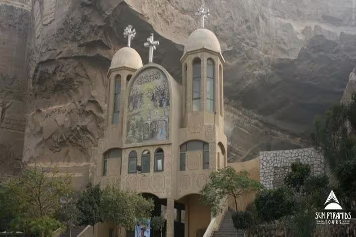 Cave Church facade at Saint Simon Monastery, Cairo, featured on the overnight Luxor to Cairo VIP first class train trip