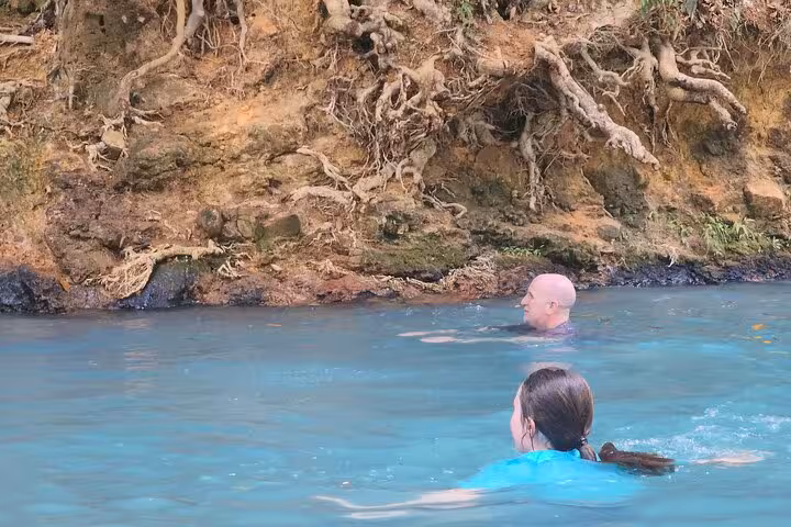 Two swimmers gliding through the turquoise waters of the Celeste River, with exposed roots lining the riverbank.