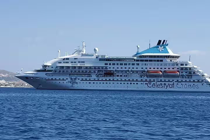 Celestyal Cruises ship on Aegean Sea near Piraeus, cruise terminal to Athens city centre transfer option