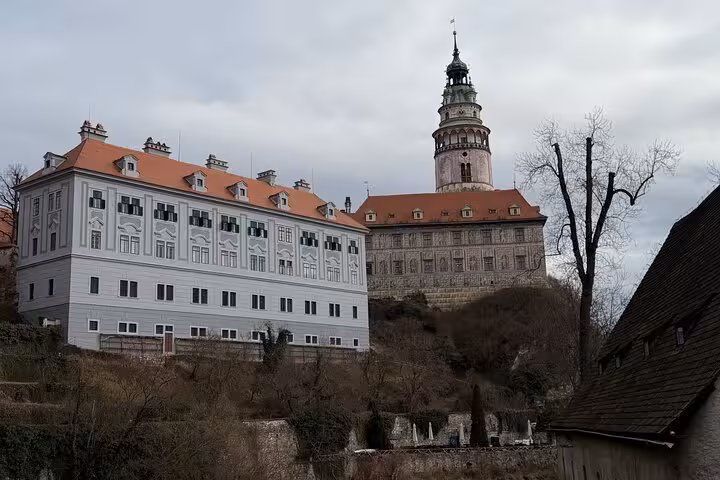 Cesky Krumlov Castle tower and red roofs on a private day tour from Vienna, Czech Republic