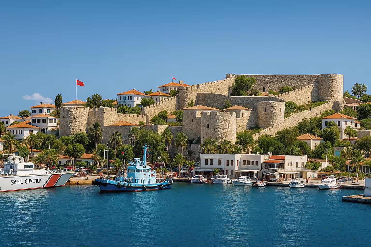 Çeşme Castle and nearby buildings, viewed from the sea, with boats anchored at the shore and a bright blue sky overhead.