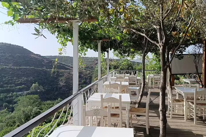 Scenic outdoor dining area at Chania Botanical Garden with panoramic views of lush hills.