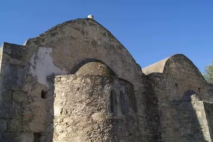 Historic stone chapel with domed roof in Apokoronas, Crete, stop on the Chania 7 villages tour and olive oil tasting