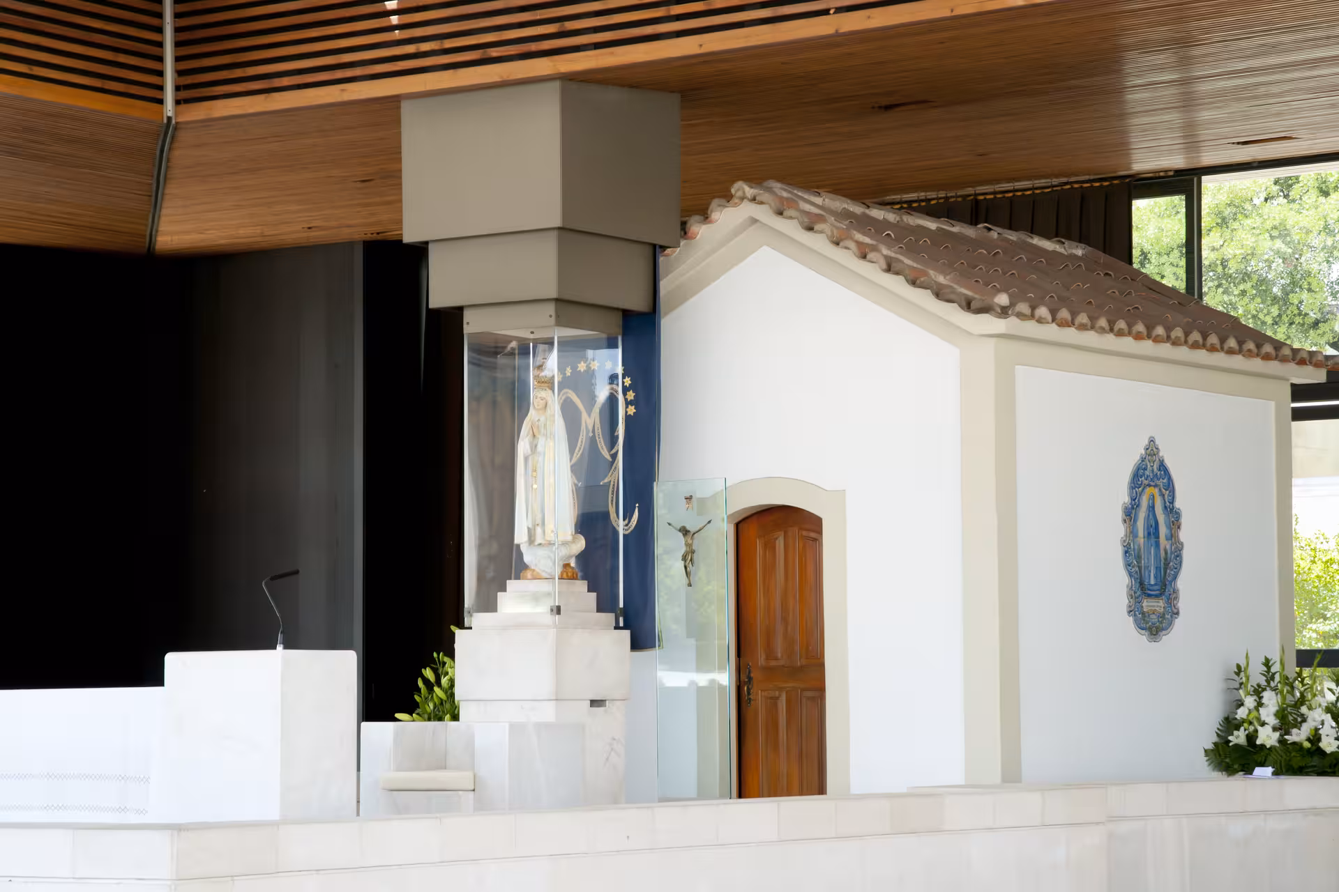 Close-up of the Chapel of Apparitions in Fátima, featuring the revered statue of Our Lady, Lisbon tour highlight.