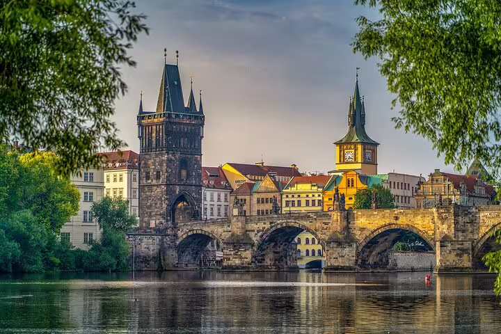 Charles Bridge and Old Town towers in Prague, key stop on a self-guided e-scavenger hunt city tour