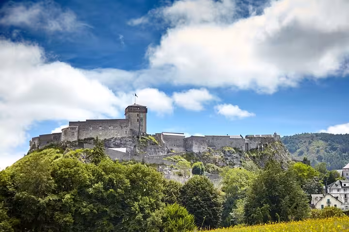 Majestic view of the historic Château Fort de Lourdes under a bright blue sky on a guided city walk tour.