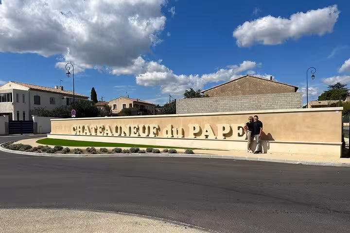 Châteauneuf-du-Pape village sign stop on a full-day private Avignon wine tasting tour in Provence