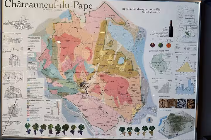 Châteauneuf-du-Pape wine region map showing appellation zones, ideal for Avignon private full-day tasting tour
