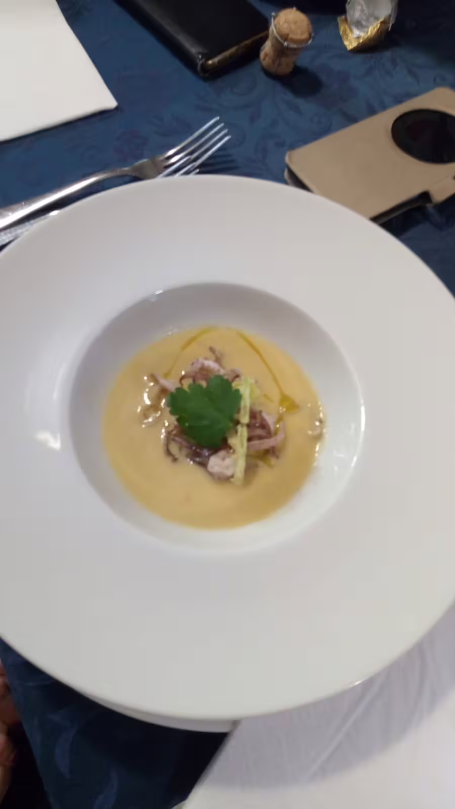 Elegant starter at chef Angelo Lanaro’s home restaurant, creamy soup with seafood garnish for a tasting menu