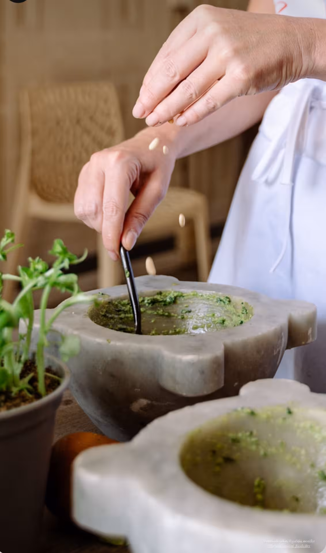 Chef preparing fresh pesto with mortar and pestle, showcasing culinary expertise in private dinner experience.