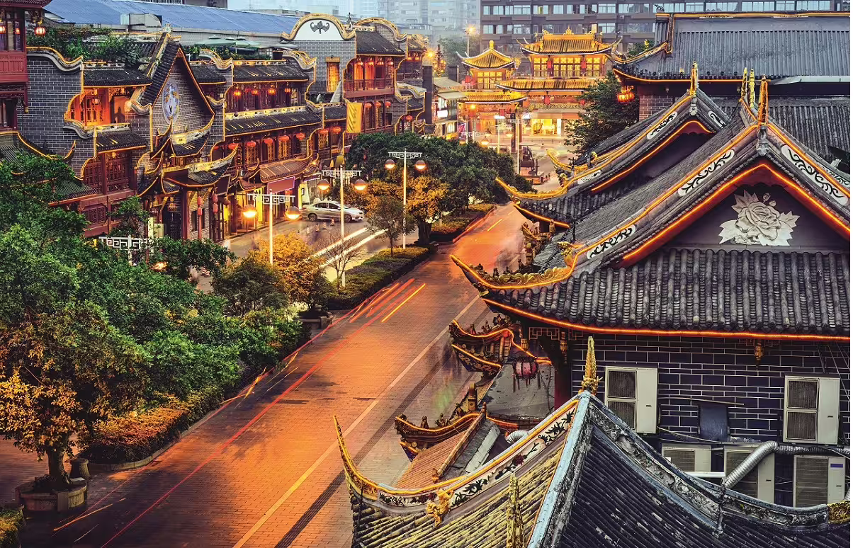 Chengdu's vibrant streets illuminate with traditional architecture and cultural charm, inviting exploration and discovery.