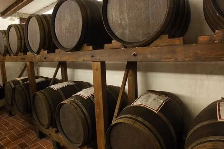 Oak barrels aging Chianti Classico in a Tuscan cellar, part of Castellina wine tasting tour from Rome