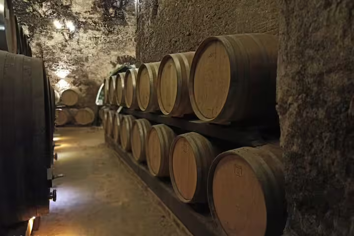 Row of oak barrels aging Chianti Classico and Super Tuscan wines inside a traditional Tuscan winery cellar