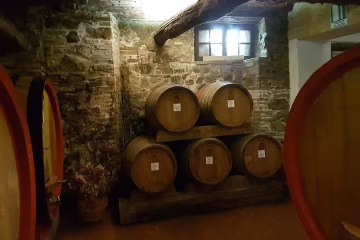 Oak wine barrels in a rustic Chianti cellar during Tuscany wine tasting day trip from Rome to Castellina