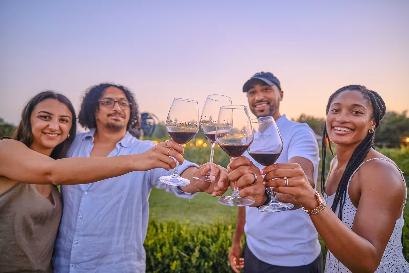 Close-up of friends clinking wine glasses in a vineyard during the Siena and Chianti wine tour from Florence.