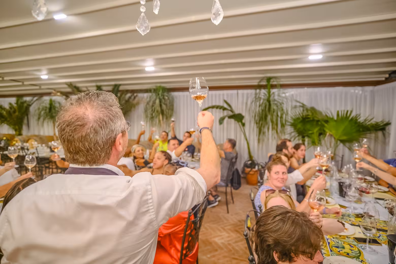 Guests raise glasses in a lively toast during a Siena and Chianti wine tour dinner experience from Florence.