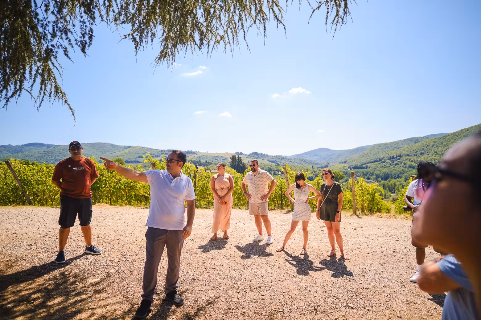 Tour group exploring Chianti vineyards with guide on a sunny day, showcasing Tuscany's scenic wine region.