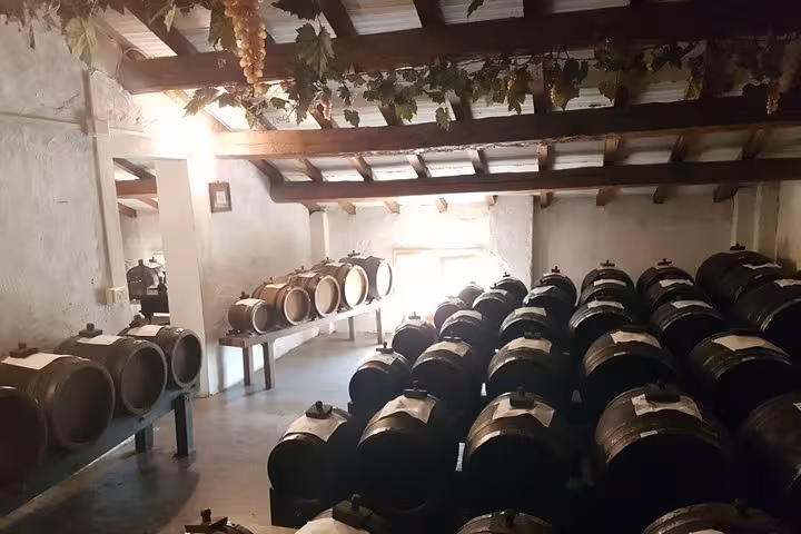 Winery barrel room in Chianti Classico, part of Tuscany wine tasting tour from Rome with stop in Castellina