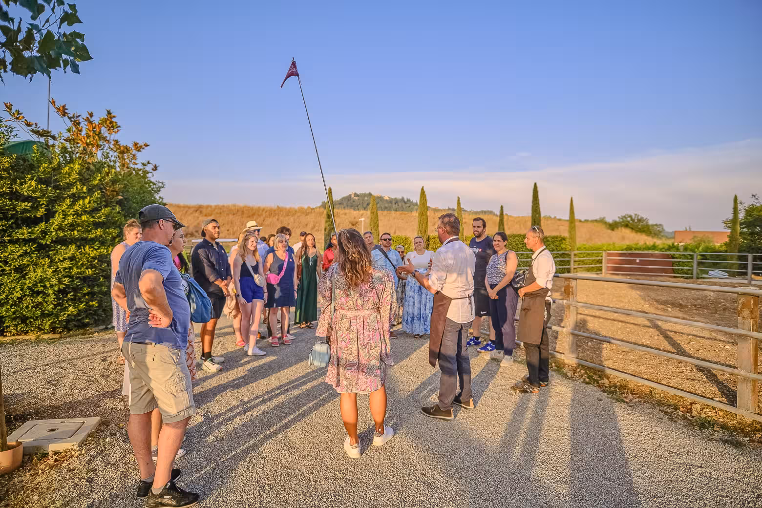 Visitors gather around a guide at a scenic Chianti vineyard for a small-group wine tour and tasting experience.