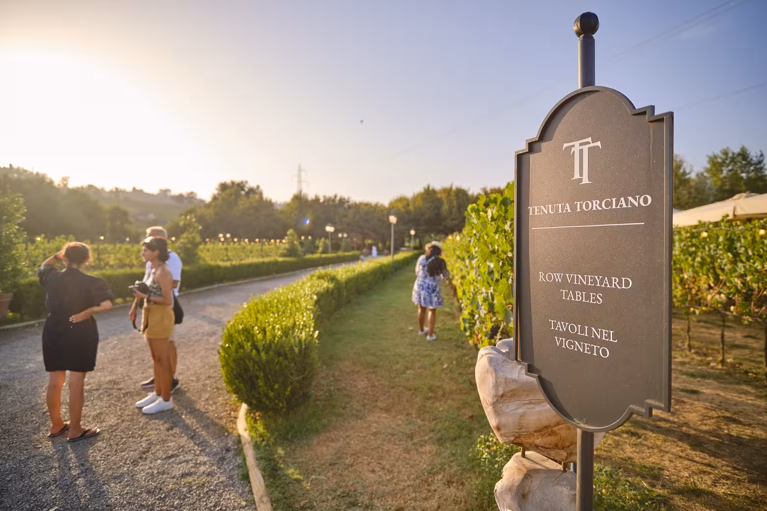 Visitors at Tenuta Torciano vineyard in Chianti, exploring rows of grapes and enjoying wine tasting ambiance.