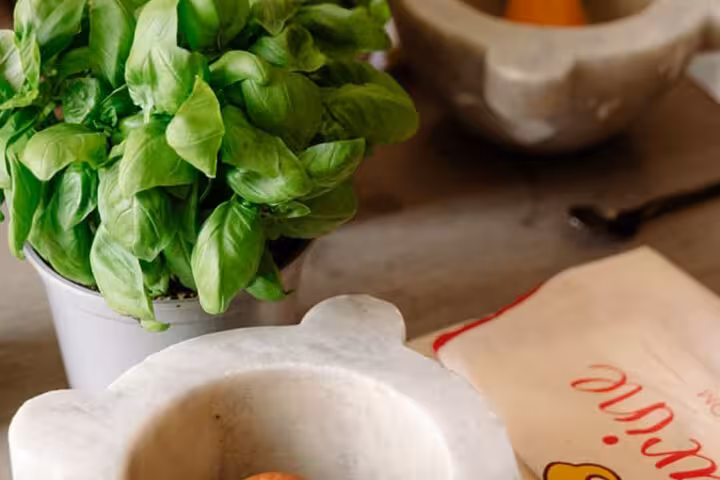 Fresh basil leaves beside a marble mortar, showcasing ingredients for Chiavari's famous pesto aperitif.