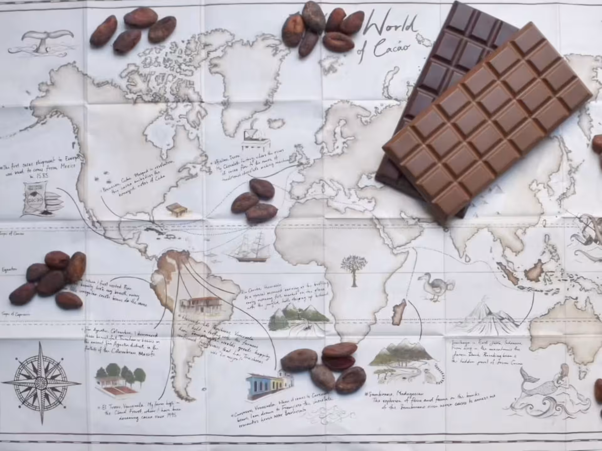 Map with chocolate bars and cacao beans illustrating the global journey of fine chocolate for Turin tasting tour.