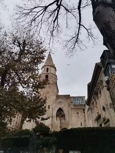 Historic church tower in Provence framed by autumn trees, a stop on the 11-day Christian heritage tour