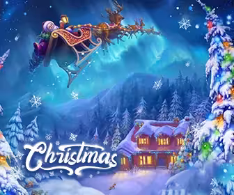 Christmas-themed Escape Room 50' scene with Santa sleigh over snowy cabin, festive winter adventure puzzle