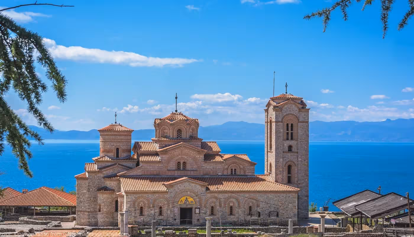 Stunning view of the Church of St. Clement and Panteleimon overlooking Lake Ohrid in Macedonia, perfect day trip spot.