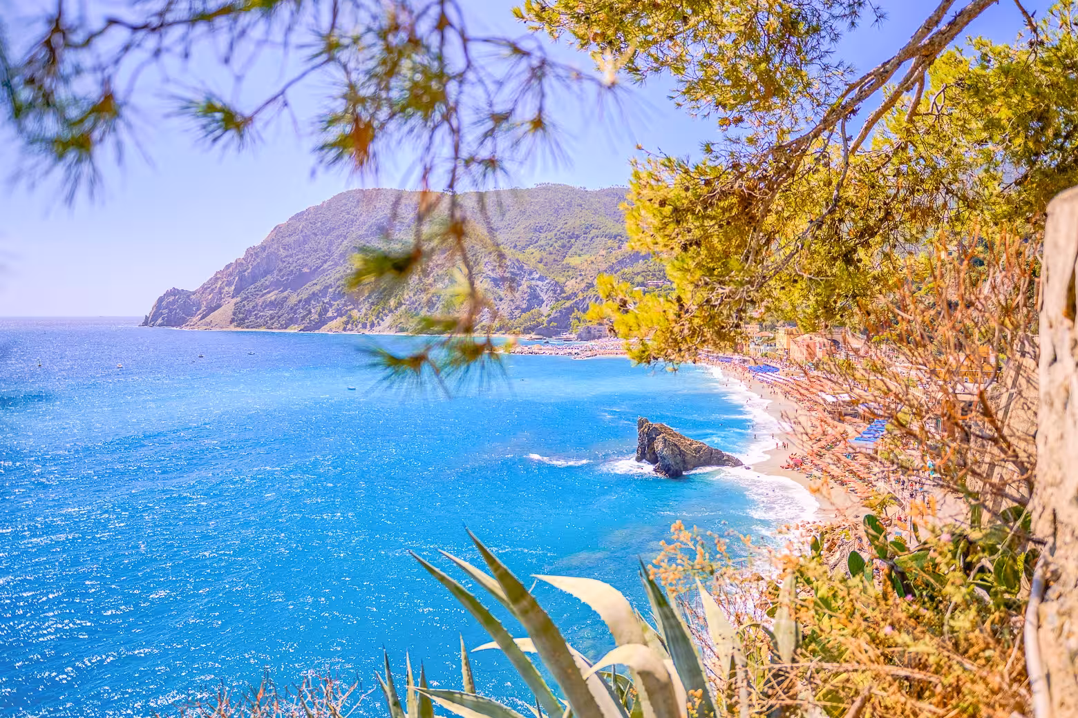 Scenic coastal vista of Cinque Terre with turquoise waters and lush greenery framing the beach.