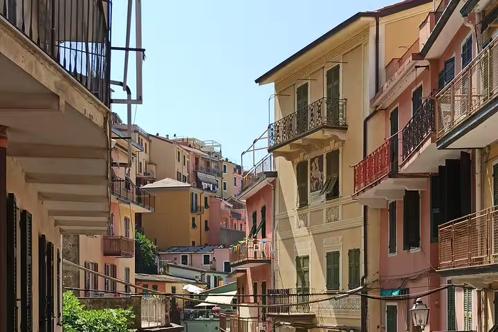 Colorful pastel houses and narrow alleys in a sunny Cinque Terre village, visited on a private one day tour from Porto Venere