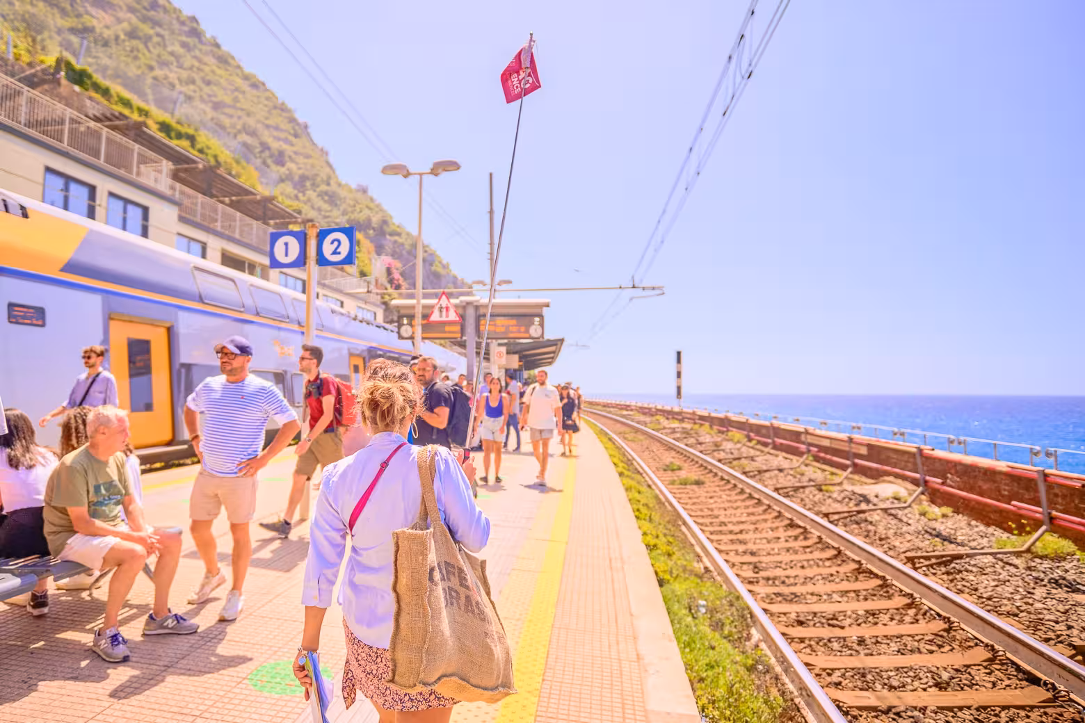 Travelers at a scenic Cinque Terre train station with vibrant blue sea and coastal views on a sunny day.