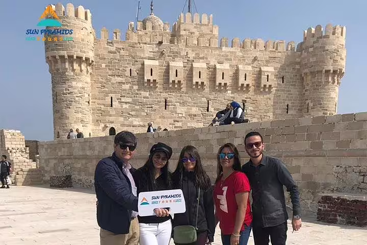 Group photo at Citadel of Qaitbay, Alexandria, Egypt, included in 12 days Cairo Luxor Aswan Petra tour