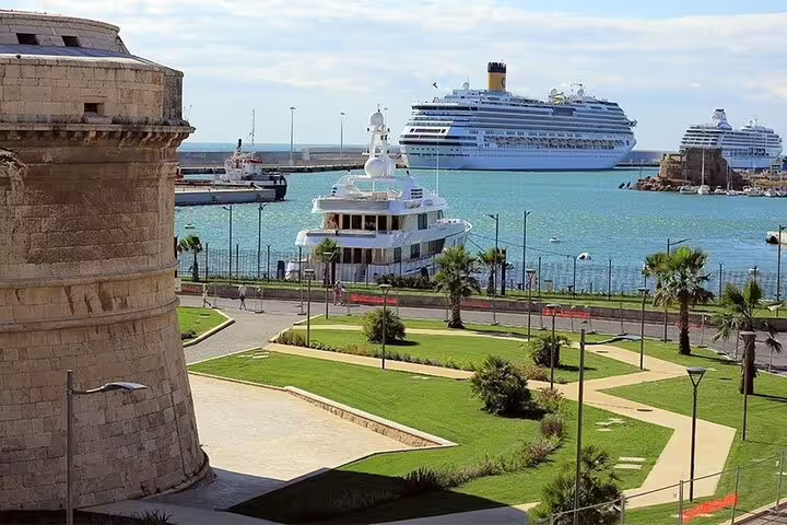 Civitavecchia cruise port with ships and marina, pickup point for private day trip transfer to Rome center