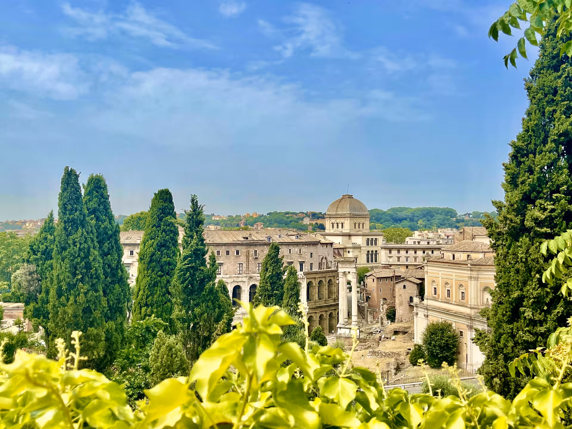 Panoramic view of Rome’s ancient ruins and domes framed by lush greenery on private Civitavecchia to Rome VIP tour