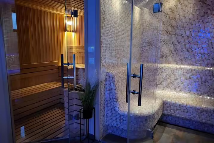 Sauna and mosaic steam room with glass door, part of Cleopatra Deluxe VIP massage sauna jacuzzi package