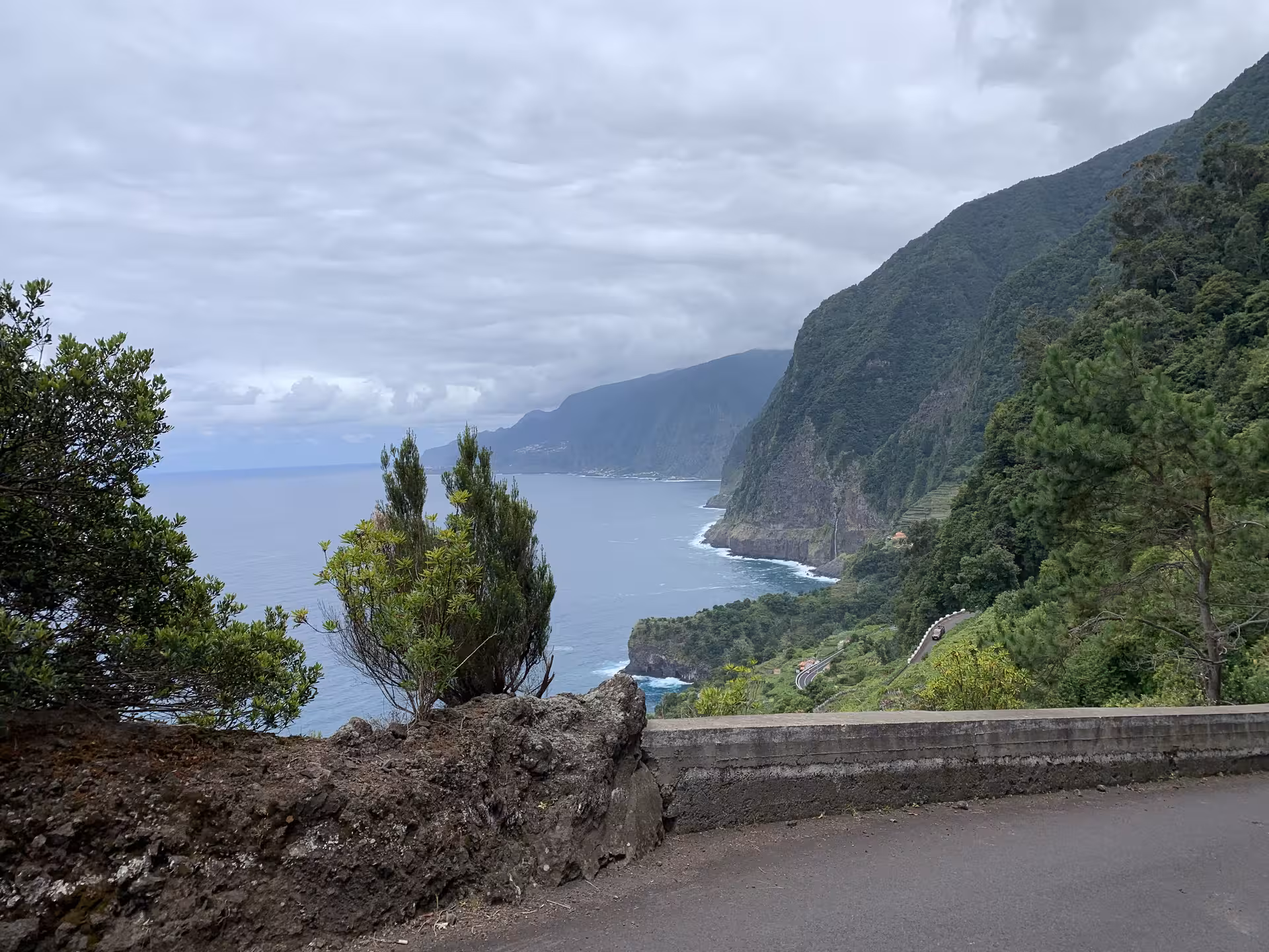 Picturesque coastal road with lush greenery and ocean views under a cloudy sky, ideal for intimate group tours.