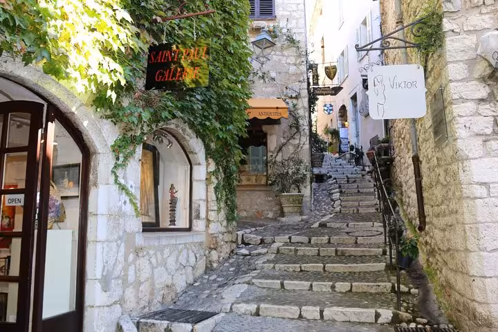 Quaint cobblestone alley lined with ivy-clad galleries and shops on a private tour of local villages.