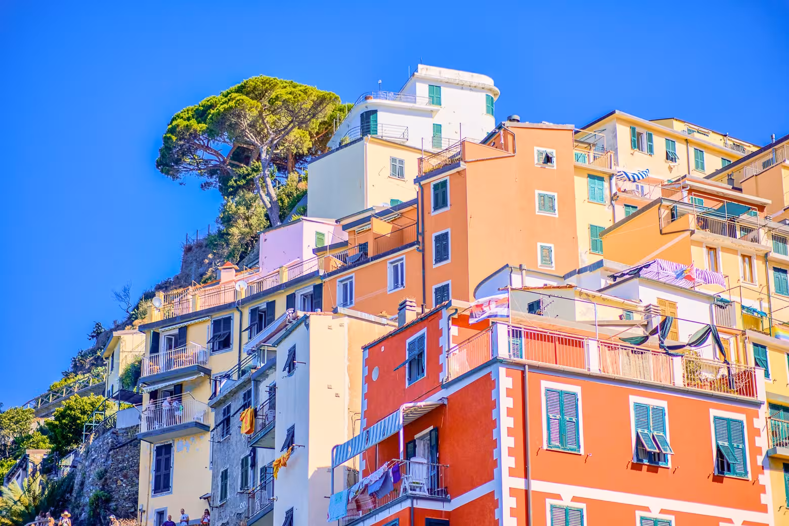 Colorful hillside houses in Riomaggiore, Cinque Terre, under a bright blue sky.