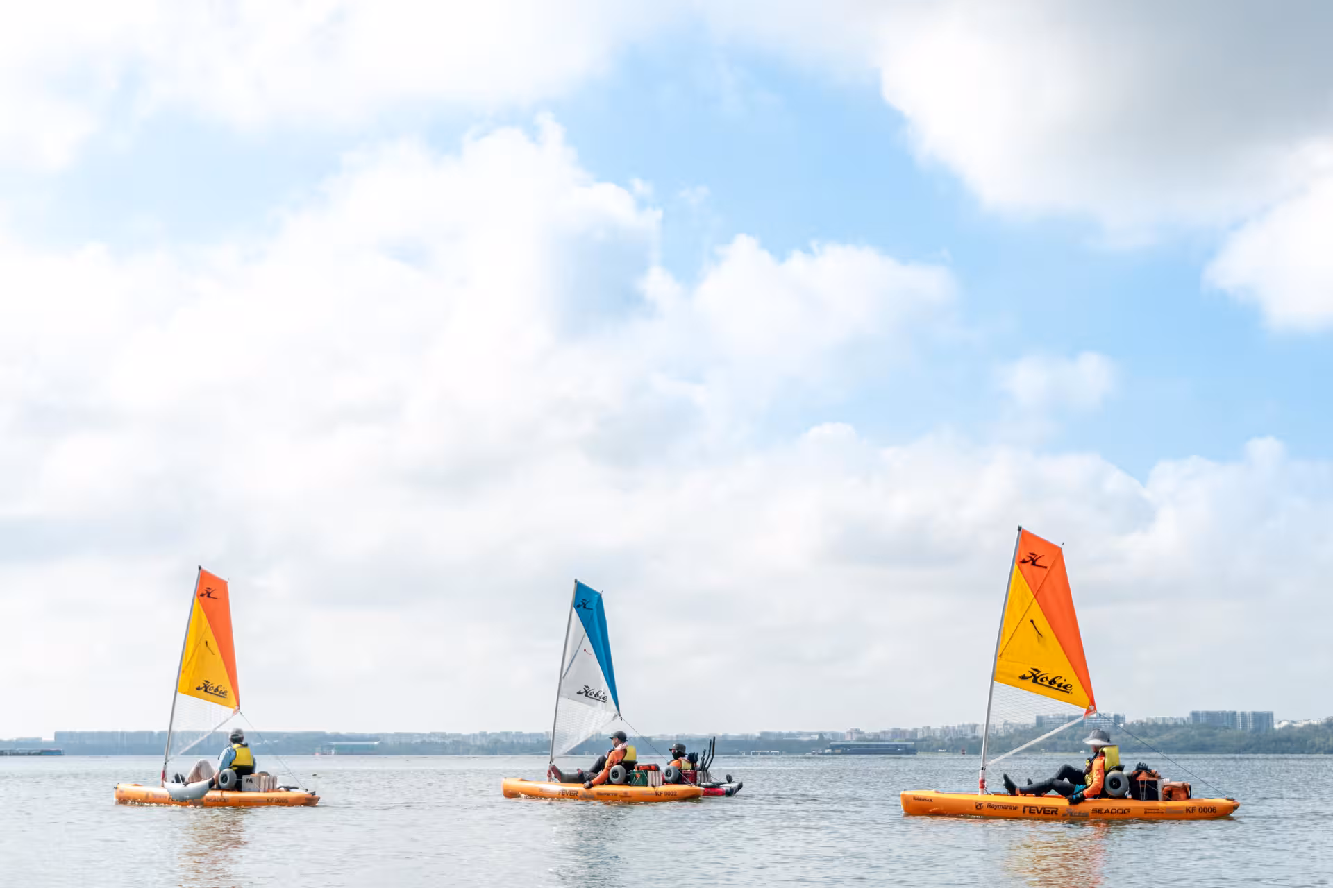 Three colorful kayaks with sails glide across calm waters, perfect for a thrilling kayak sailing adventure.