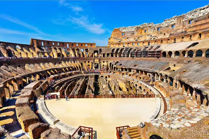 Panoramic interior of the Colosseum in Rome, visited on hop on hop off bus tour with fast track guided entry tickets