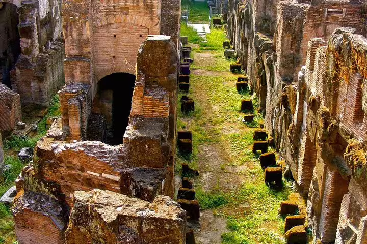 Ancient underground corridors of the Colosseum in Rome, explored on a guided tour with access to arena floor and Forum