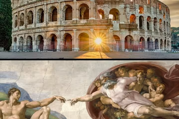 Colosseum at sunrise and Sistine Chapel Creation of Adam, highlights of Rome in a Day Colosseum Vatican combo