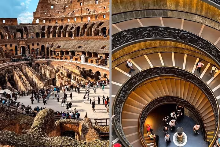 Inside Colosseum and Vatican Museums spiral staircase, hosted access combo tour in one day Rome